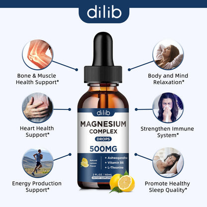 Magnesium Glycinate Liquid Drops, Triple Magnesium Complex Supplement with Citrate, Malate 500mg Ashwagandha, L-Theanine, Vitamin B6 for Sleep, Calm, Stress Relief, Bone, Muscle, Mood - Lemon Flavor dilibBuy Supplements Australia