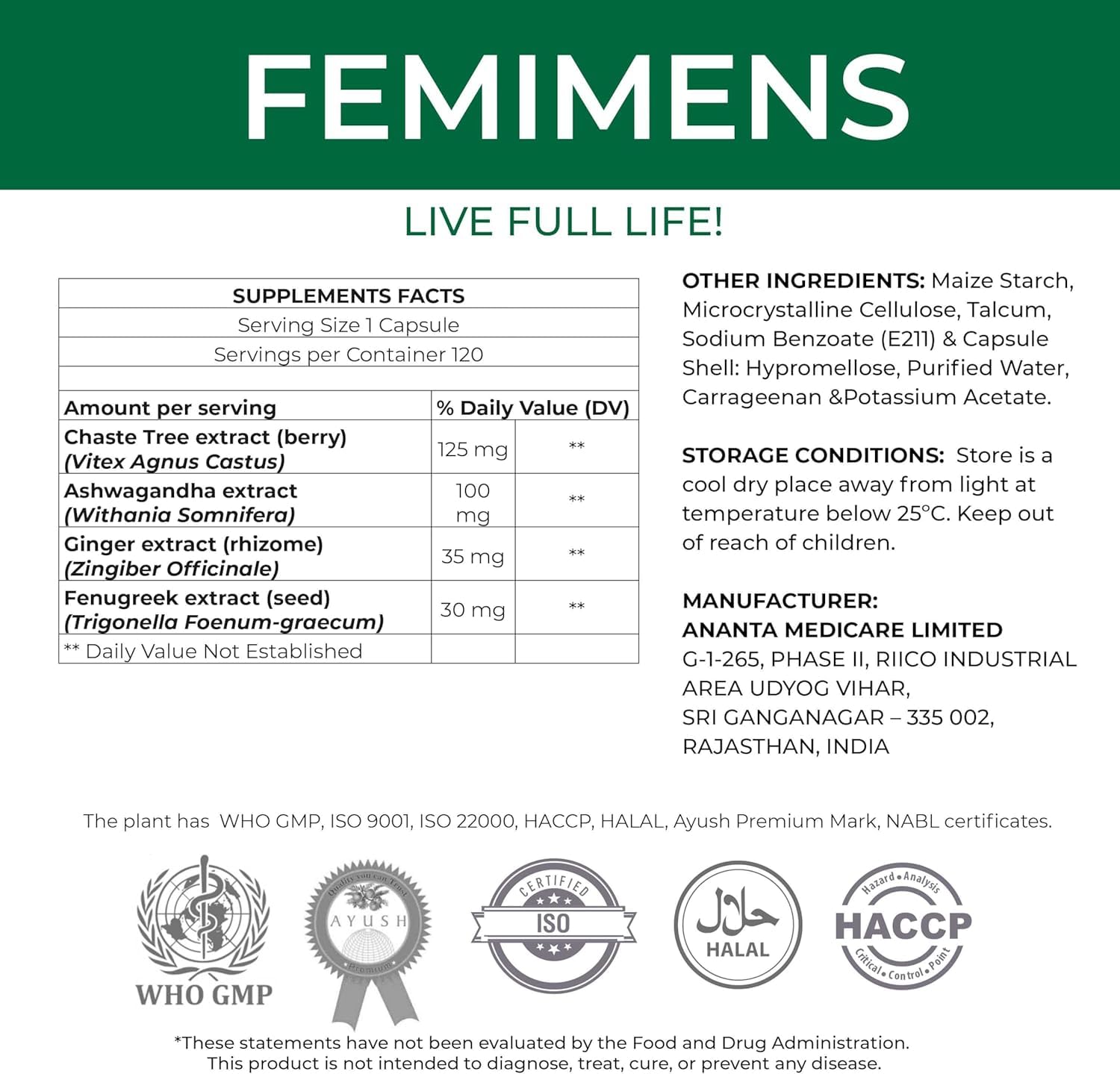 FEMIMENS – PMS Support Supplement for Women – PMS Relief for Women & Menstrual Cramp Relief – Hormonal Balance for Women – Chasteberry Vitex, Ashwagandha, Ginger, Fenugreek – 120 Vegan Capsules Ananta Medicare USABuy Supplements Australia