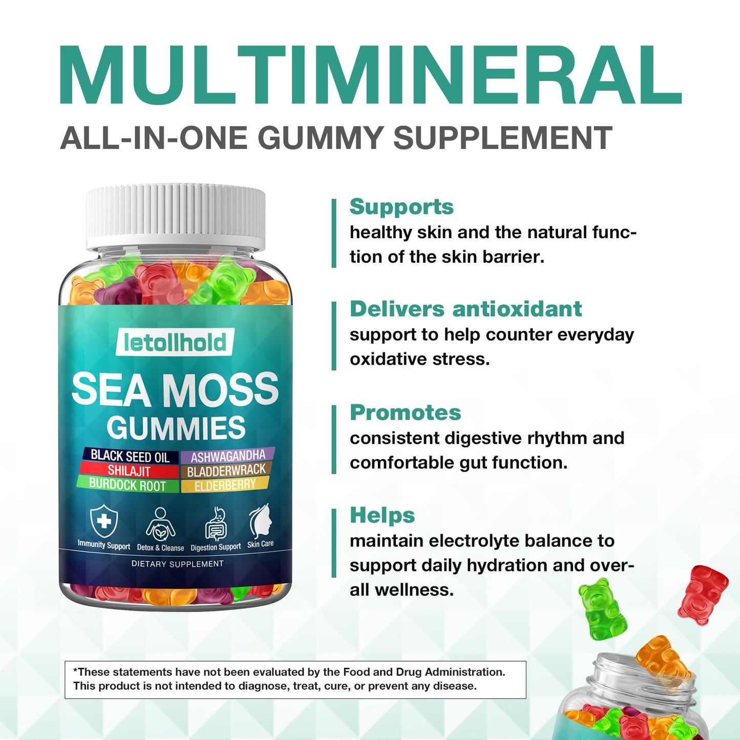 Sea Moss Gummies - Irish Sea Moss Gummies Advanced for Adults with Ashwagandha Bladderwrack & Burdock Root for Supports Immune，Energy - 60 Vegan Gummy,2PCS letollholdBuy Supplements Australia