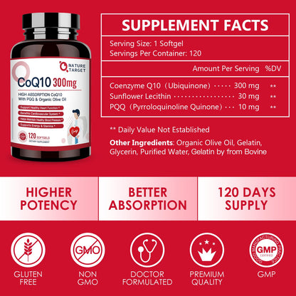 NATURE TARGET CoQ10-300mg-Softgels + PQQ with Organic-Olive-Oil - High Absorption NATURE TARGETBuy Supplements Australia