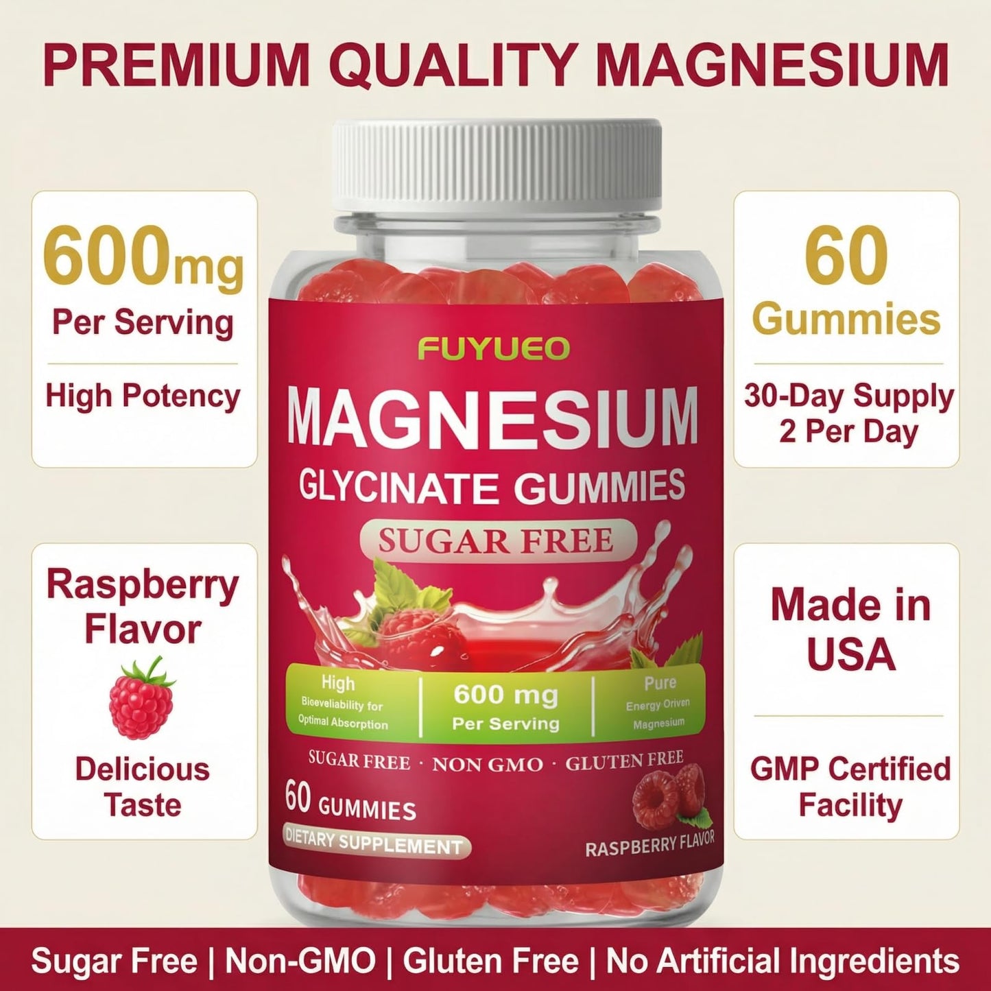 FUYUEO Magnesium Glycinate Gummies for Sleep & Relaxation, Sugar Free High Absorption Magnesium Supplement for Men & Women, Gentle on Stomach, Chewable, Raspberry, 60 Count (Pack of 1) FUYUEOBuy Supplements Australia