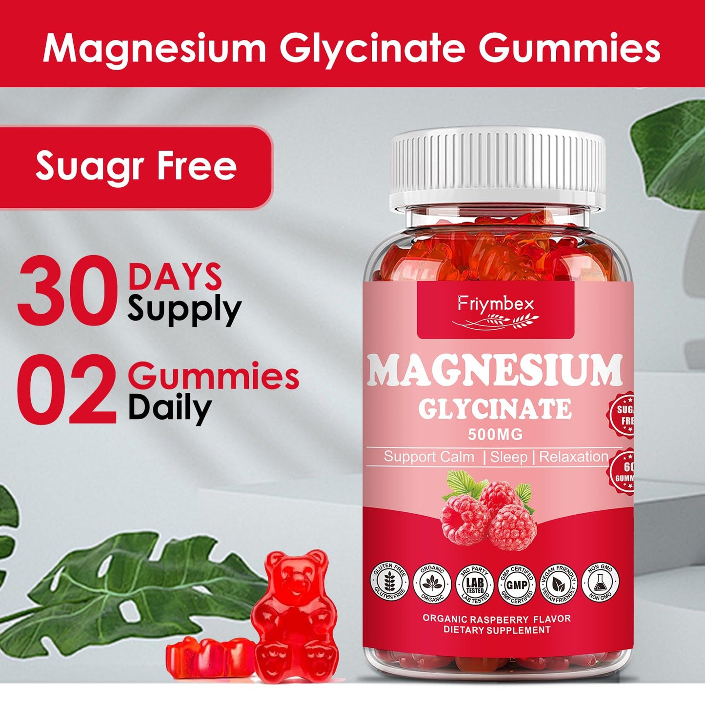 Magnesium Glycinate Gummies 500mg | Relaxation Calm Magnesium Gummies | Sugar-Free | Non-GMO | Gluten-Free