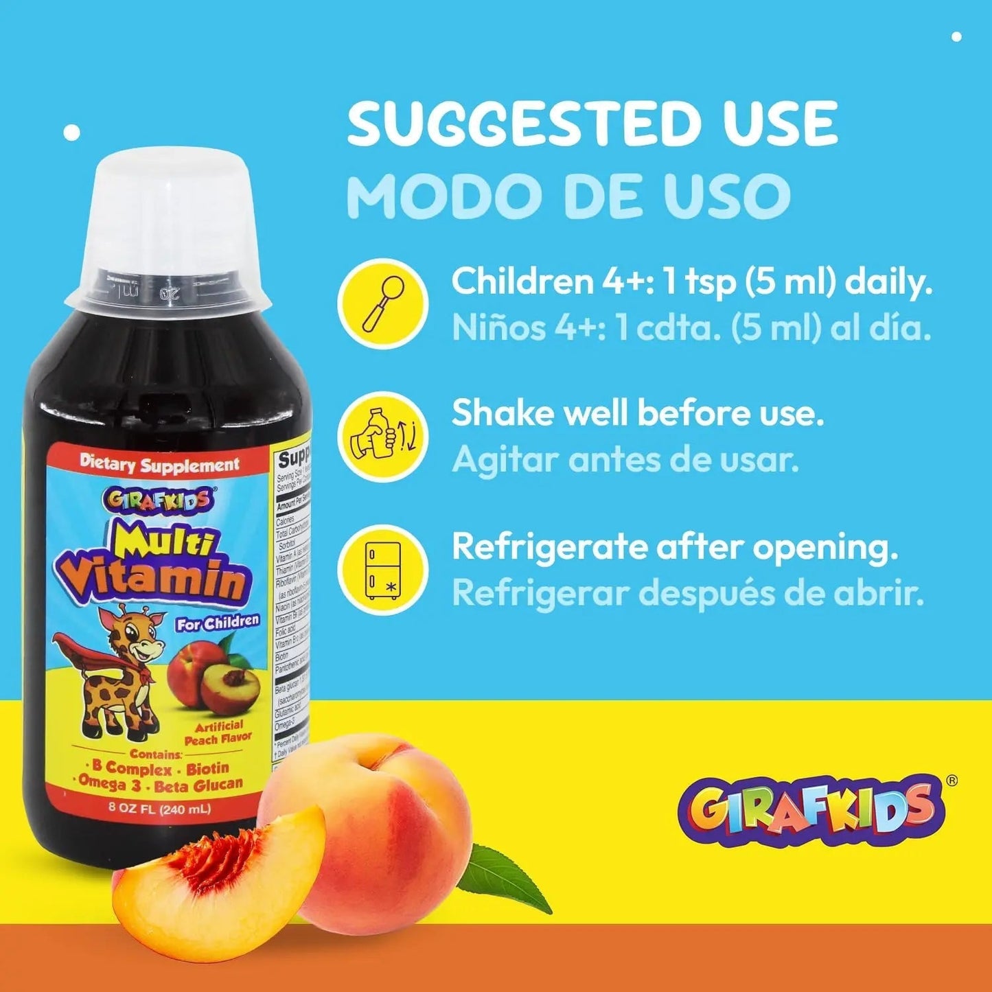 GirafKids Liquid Multivitamin for Kids Ages 4+, 8oz - Daily Child Vitamins with Biotin, Vitamin A, B Complex, Folic Acid, Omega-3 & Beta Glucan PHARMADEL