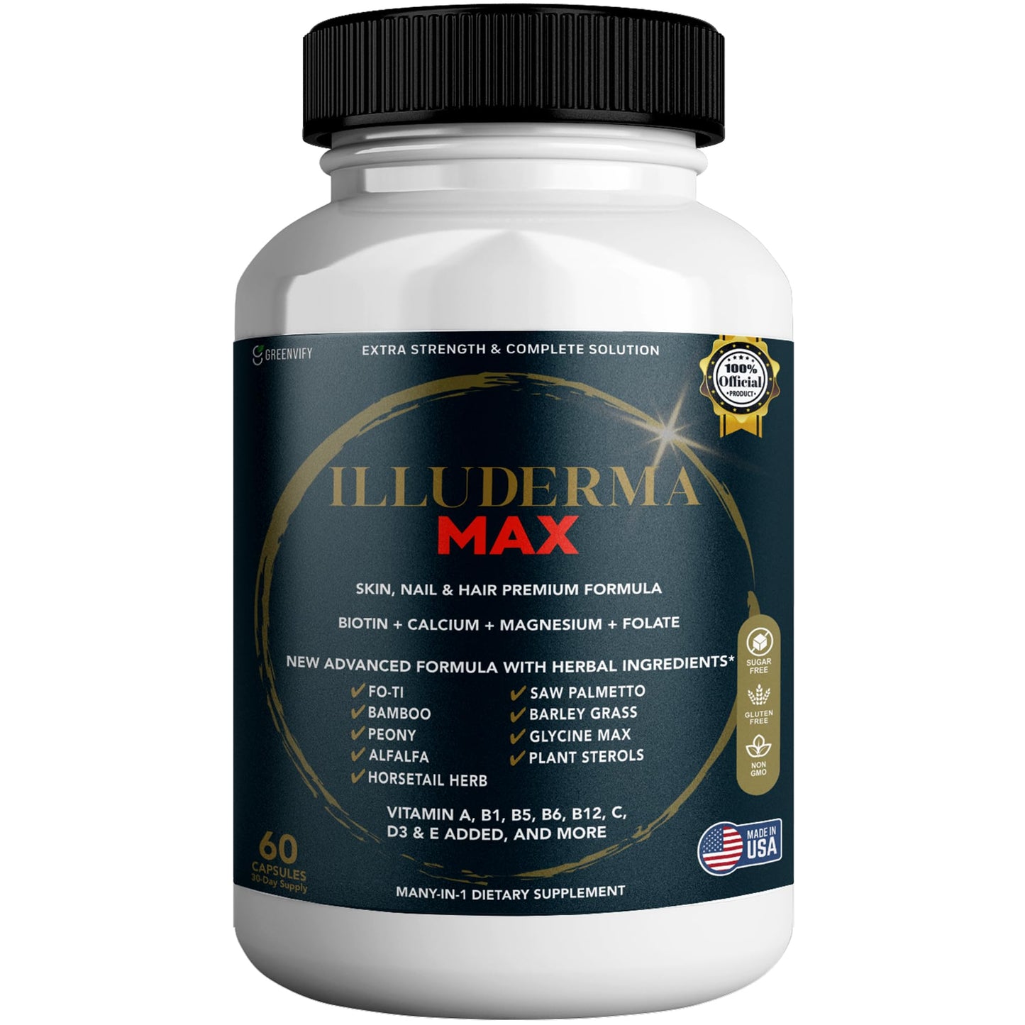 GREENVIFY Illuderma Max Hair, Skin and Nail Supplement, 60 Capsules, with Biotin 5000mcg, Vitamins and Herbal Blend (1) GREENVIFYBuy Supplements Australia