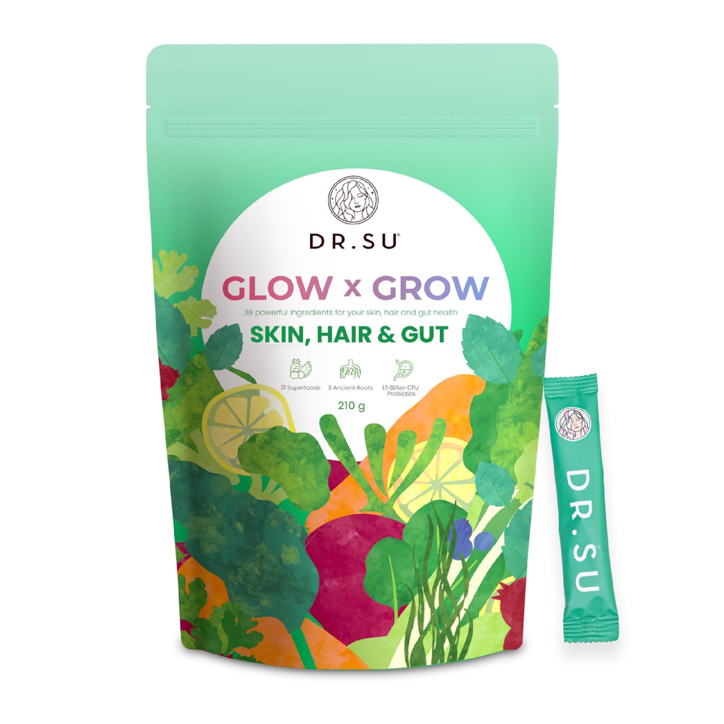 Dr.Su 6-in-1 Supplement Powder | Clear Skin, Strong Hair & Healthy Gut | with Vitamins, Minerals, Antioxidants, Probiotics, Fiber & Adaptogens | Lemon Mint | Sugar-Free | 30 Sachets | Unisex Dr.SuBuy Supplements Australia