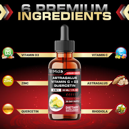 Tenmido 6-in-1 Astragalus Root Tincture - Herbal Extract Supplements with Quercetin, Rhodiola Rosea, Vitamin D3, Vitamin C, and Zinc - Vegan, Non-GMO - 30ml 1 Fl Oz TenmidoBuy Supplements Australia