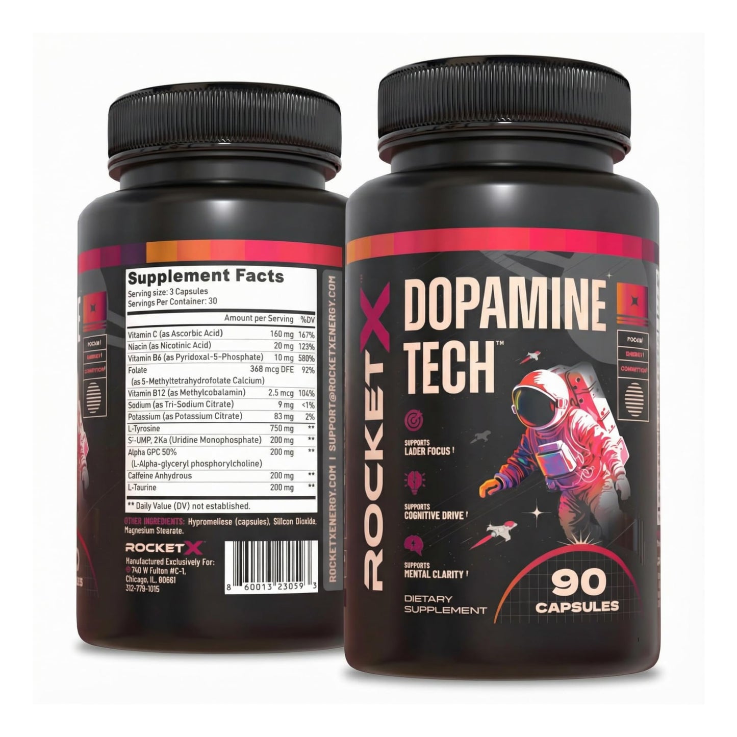 RocketX Dopamine Tech Brain Food Supplement, with L-Tyrosine and B Vitamins for Focus, Mental Clarity and Cognitive Drive, Vegan Capsules, 90 Capsules RocketX EnergyBuy Supplements Australia