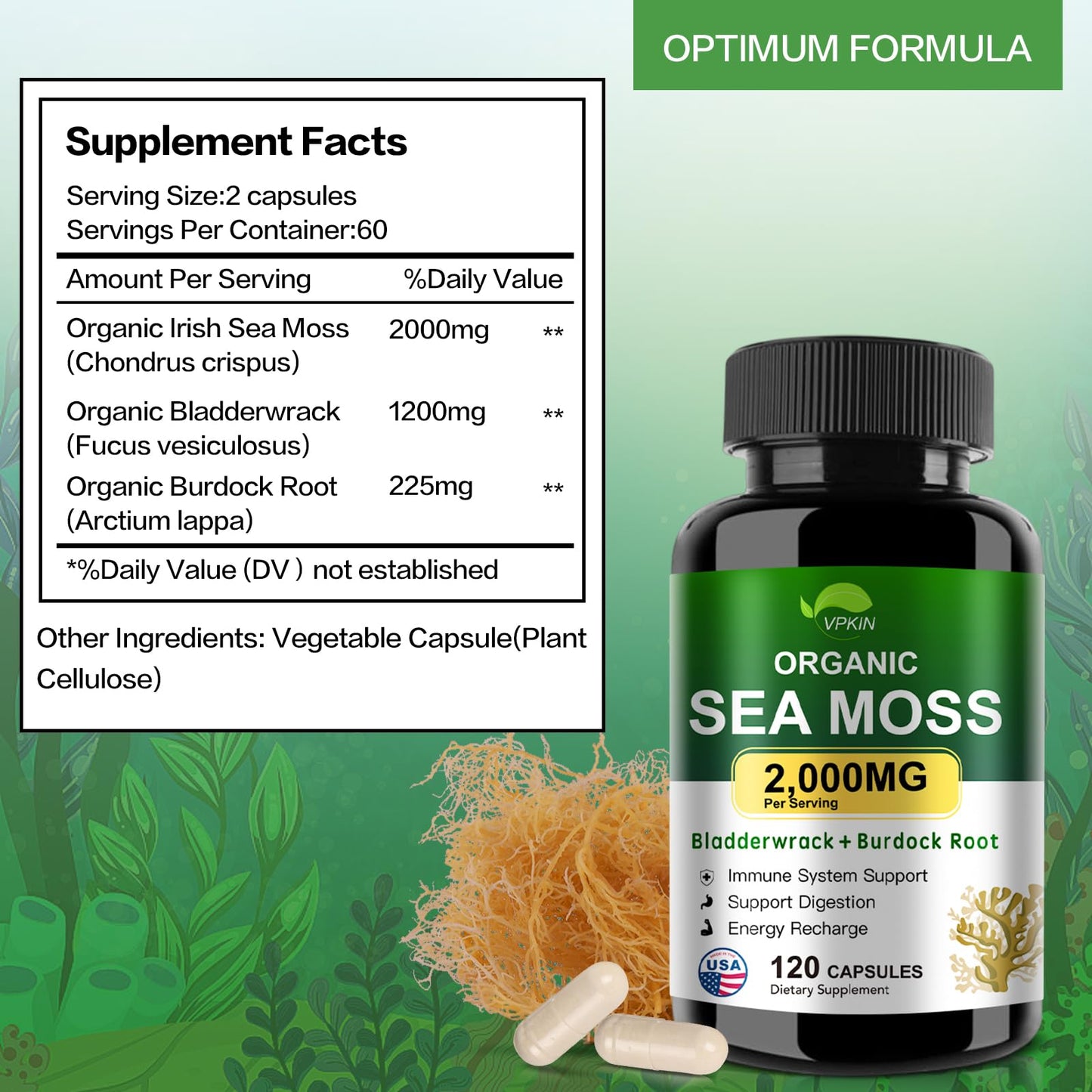 VPKIN Organic Sea Moss Capsules with Bladderwrack,Burdock Root and Black Pepper Extract-Irish SeaMoss Pills 2000mg-Promotes Immune System,Thyroid Support(120 Capsules) VPKINBuy Supplements Australia