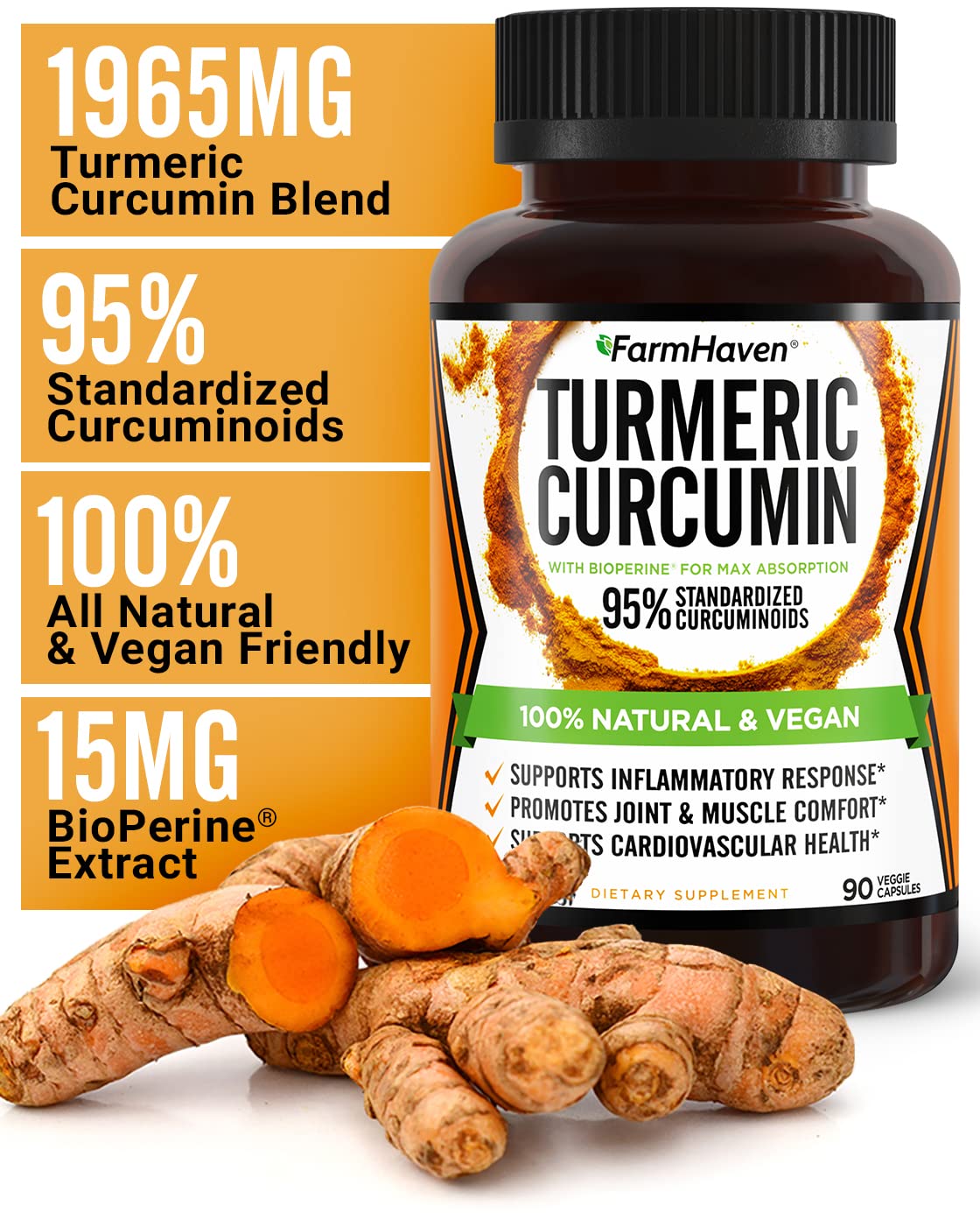 Turmeric Curcumin with BioPerine Black Pepper & 95% Curcuminoids, 1965mg, Maximum Absorption for Joint Support, Non-GMO Turmeric Capsules,