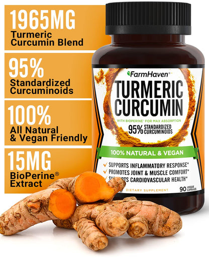 Turmeric Curcumin with BioPerine Black Pepper & 95% Curcuminoids, 1965mg, Maximum Absorption for Joint Support, Non-GMO Turmeric Capsules,