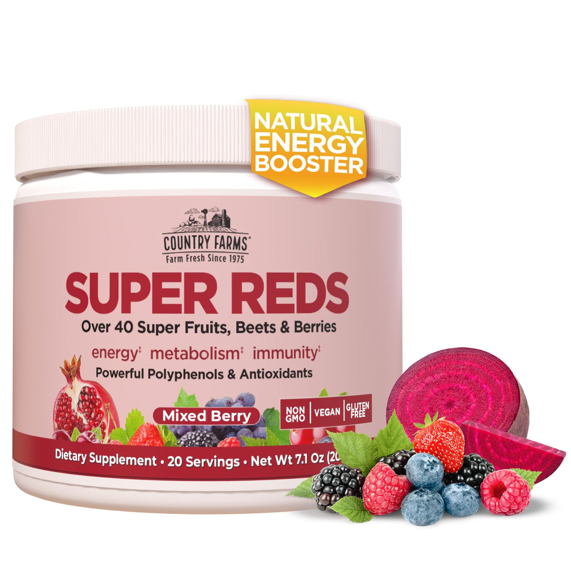 COUNTRY FARMS Super Reds, Energizing Polyphenol Superfood, 48 Super Fruits and Berries, Powerful Antioxidants and Polyphenols, Supports Energy, 20 Servings, Mixed Berry Flavor Country FarmsBuy Supplements Australia