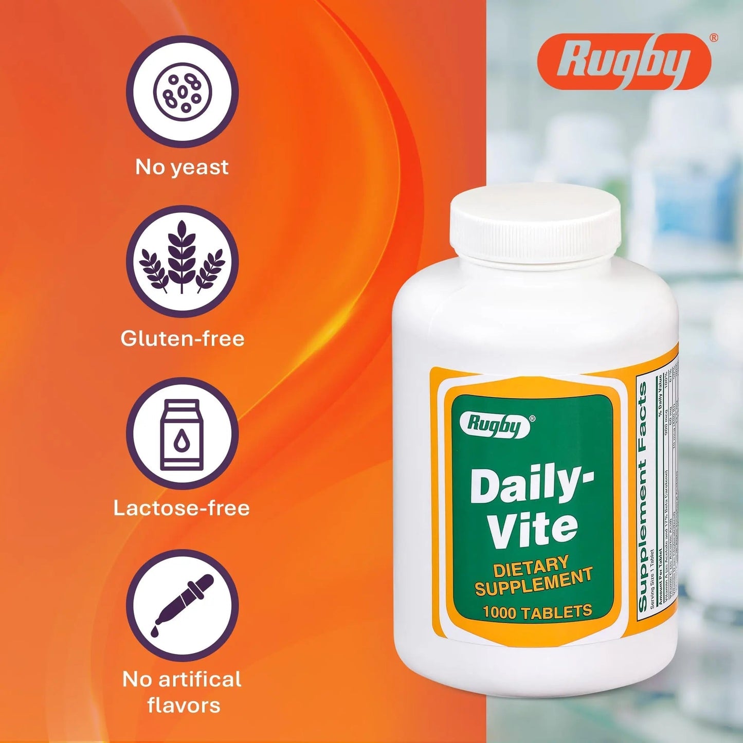 Rugby Daily-Vite Multivitamin Tablets, Gluten-Free Dietary Supplement for Adults, Supports Overall Health, No Artificial Flavors - 1000 Count (1 Pack) RUGBY LABORATORIES