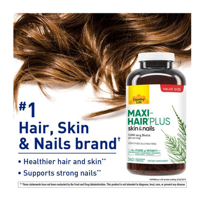 Country Life Maxi-Hair Plus 5000 mcg Biotin, 360 Capsules, Certified Gluten Free, Certified Vegetarian Country LifeBuy Supplements Australia