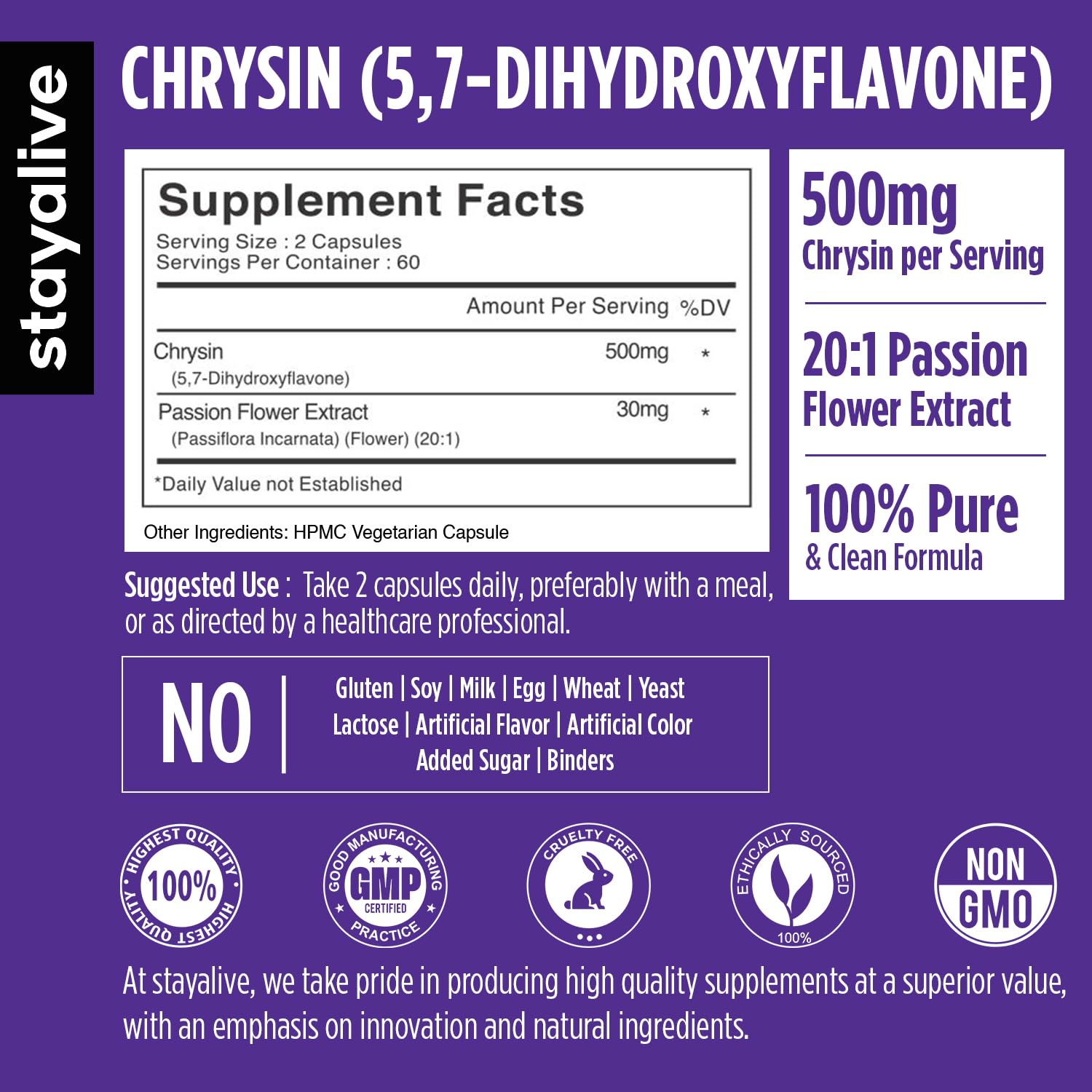 STAY ALIVE Chrysin Supplement 500mg & Passion Flower Extract Powder, 5,7-Dihydroxyflavone, Non-GMO and Gluten-Free Chrysin for Men and Women, 120 Capsules STAY ALIVEBuy Supplements Australia