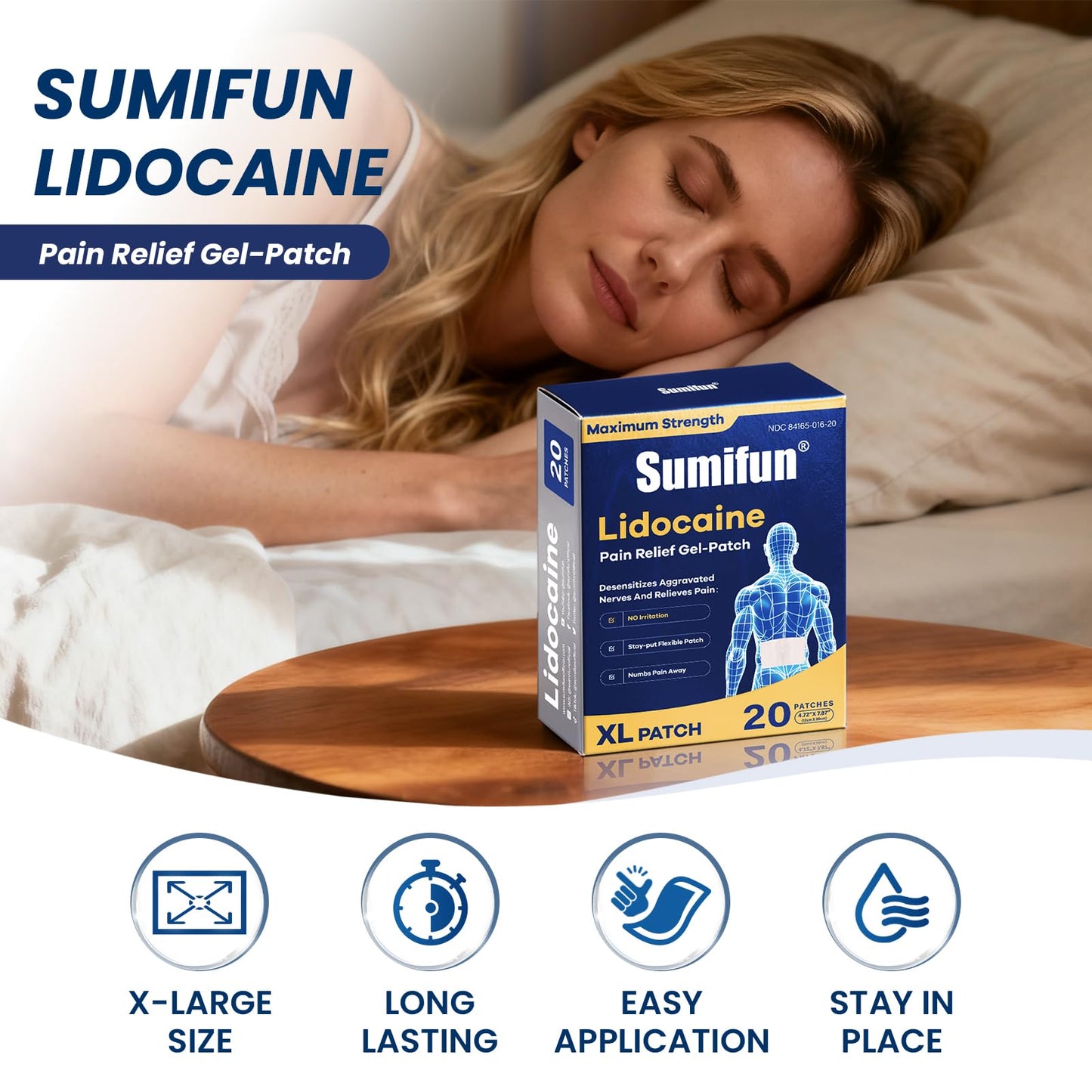 Sumifun XL Lidocaine Patches for Pain Relief, 4% Lidocaine Maximum Strength OTC, Extra Large 4.72"x7.87" for Full Back Pain Patches & Large Areas (Extra Large, Count, 20) SumifunBuy Supplements Australia