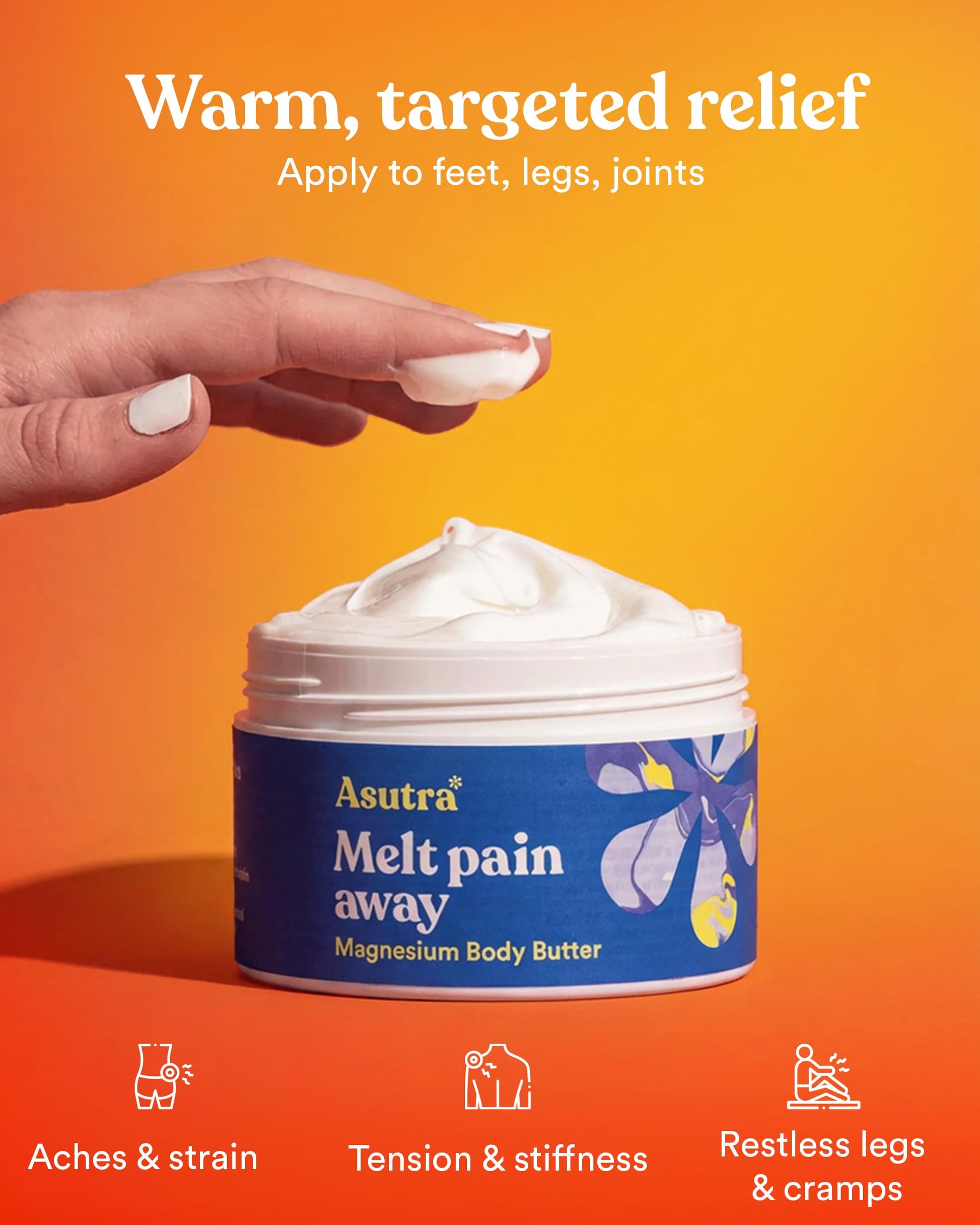 ASUTRA Melt Pain Away Magnesium Cream – Warming Capsaicin Formula for Leg Cramps, Muscle Tension & Nighttime Leg Relief – Fast-Absorbing, Non-Sticky Topical Magnesium Lotion for Feet & Body ASUTRABuy Supplements Australia