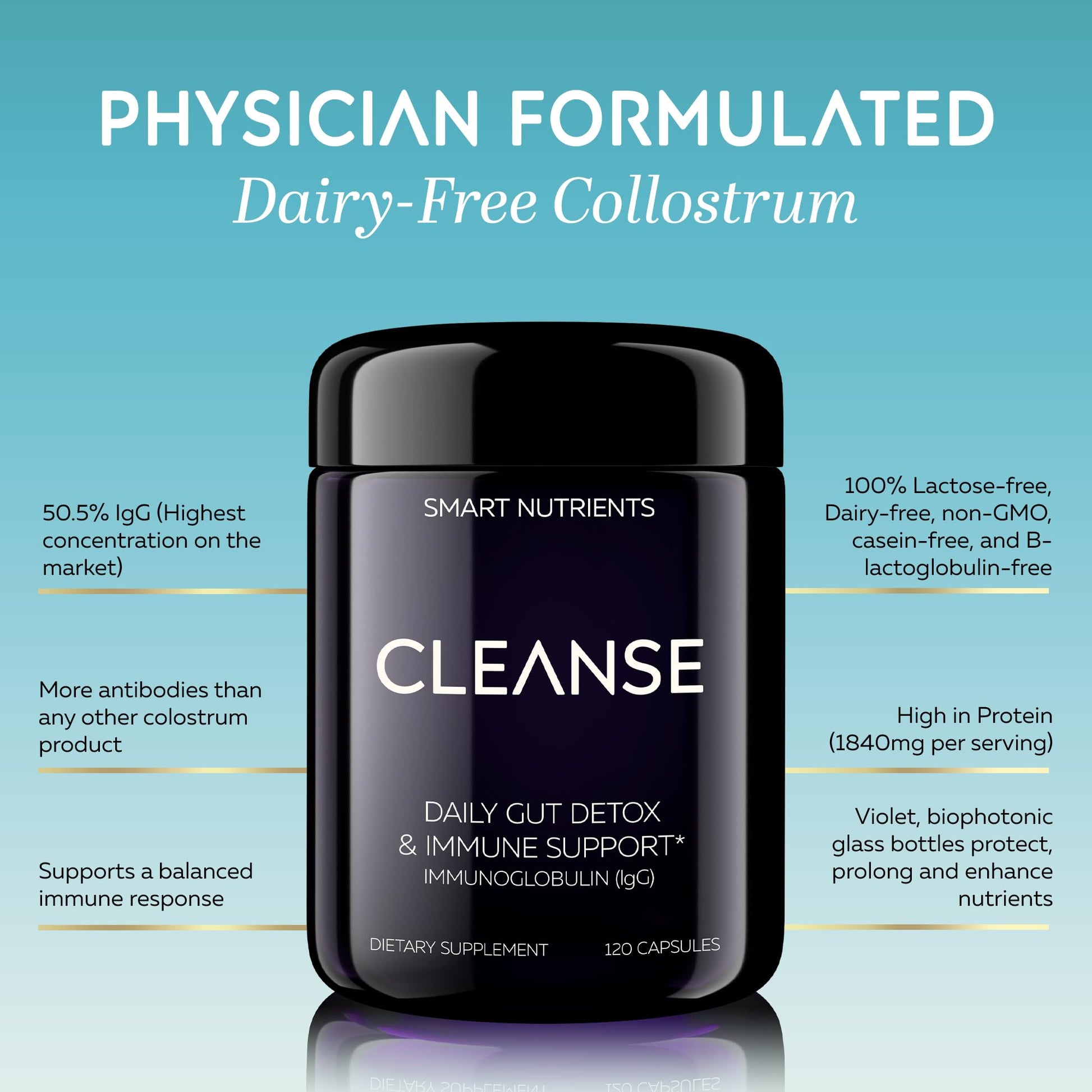 CLEANSE | IgG Dairy-Free Colostrum | 50.5% IgG Potent Concentrated Immune Support | Daily Gut Health Detox, Energy, Prebiotics, Digestive Support | 120 Capsules | 30 Day Supply, 1-Pack Smart NutrientsBuy Supplements Australia