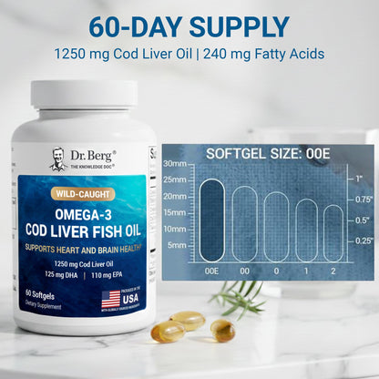 Dr. Berg Omega-3 Cod Liver Fish Oil 60 Softgels – Wild-Caught Icelandic Cod – Omega 3 EPA & DHA – Heart, Brain, Immune & Eye Support* – Lemon Flavor – 4X Lab-Tested – Non-GMO, No Fillers Dr. Berg NutritionalsBuy Supplements Australia