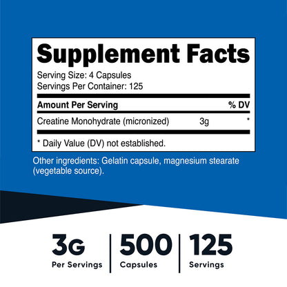 Nutricost Creatine Monohydrate 3000mg (750mg Per Cap), 500 Capsules (3 Bottles) NutricostBuy Supplements Australia