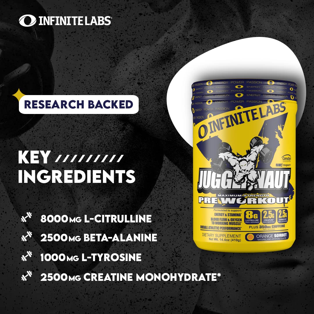 Infinite Labs Juggernaut X Ultimate Punch Pre Workout Supplement with Citrulline, Creatine, Beta Alanine, 14.4 oz, 42 Servings, Pre Work Out Supplements for Women and Men