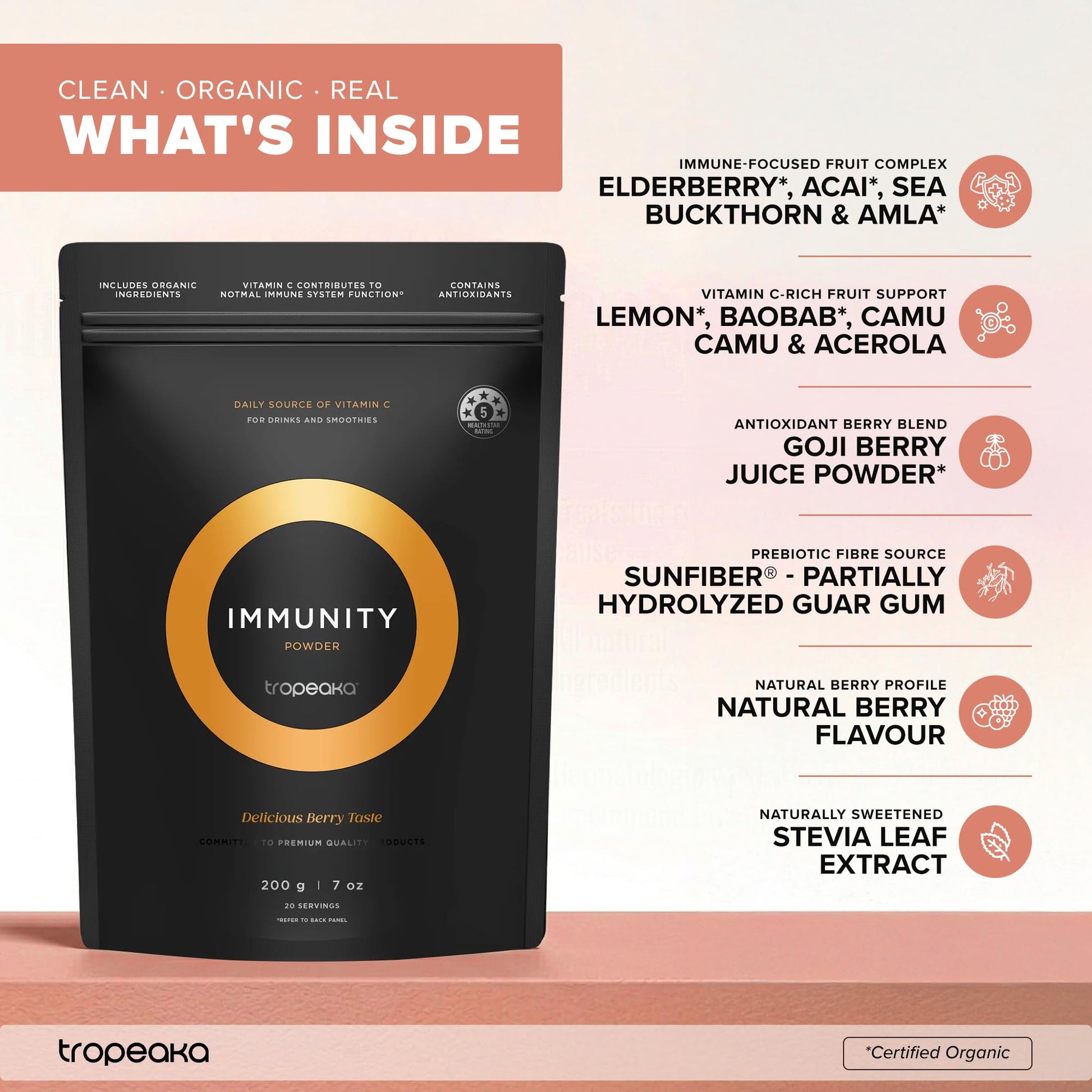 Tropeaka Immunity Powder - Immune Support Supplement, Antioxidant Rich Superfood Powder with Vitamins & Minerals, Boost Energy & Collagen Production - Vegan, Gluten Free, Non-GMO - 7oz (20 Servings) TropeakaBuy Supplements Australia