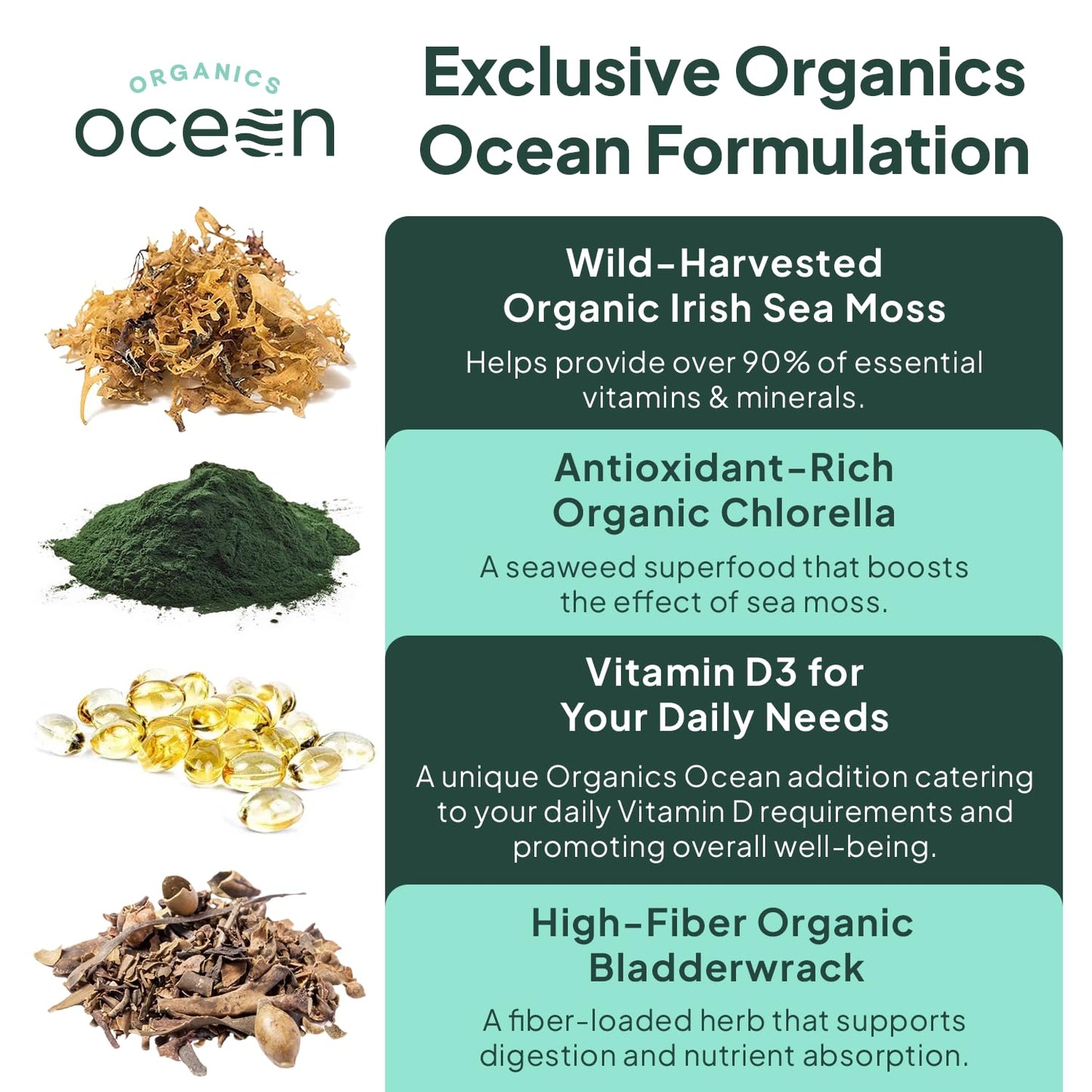 Organics Ocean Wild Sea Moss Capsules - 100% Organic Irish Sea Moss with Organic Chlorella, Bladderwrack and Vitamin D for Energy, Lung Health and Thyroid Support for Women and Men - 60 Capsules Organics OceanBuy Supplements Australia