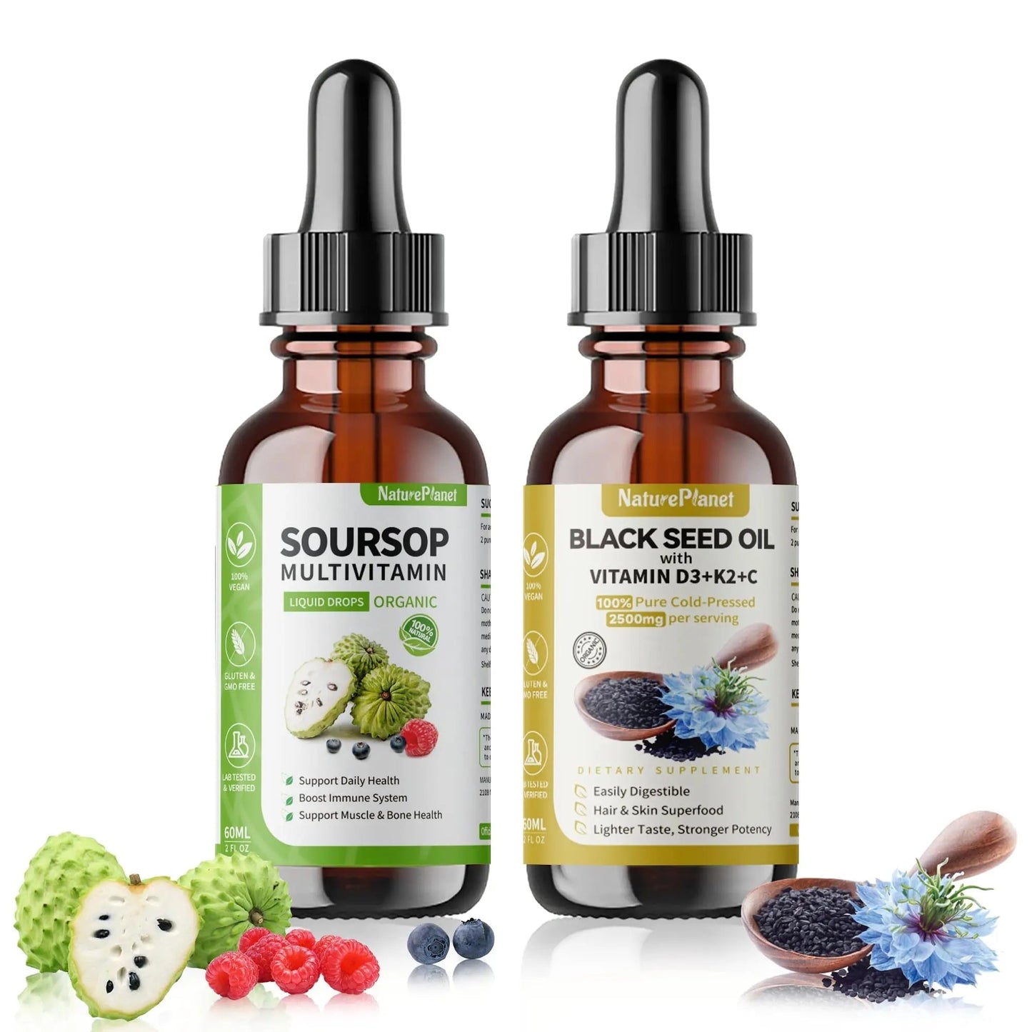 NaturePlanet Organic Soursop Bitters and Black Seed Oil Drops Bundles with Vitamins D3, K2, B6, C | NaturePlanet