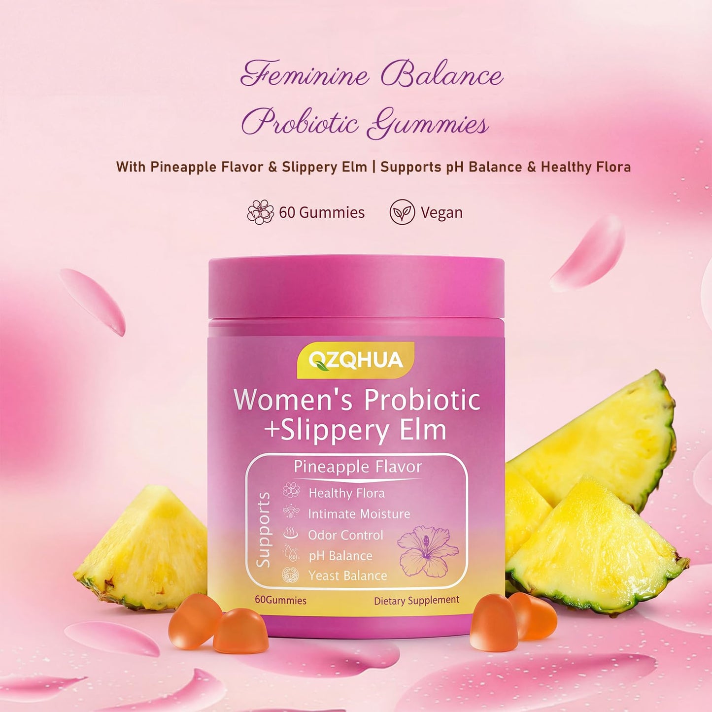 Premium Feminine Balance Gummies for Women - 60 Gummies, Hawaiian Pineapple Flavor - with Probiotics & Vitamin C - Supports Feminine Wellness & Healthy Balance - Gluten Free, Vegan（30 Servings）（Q2） QZQHUABuy Supplements Australia