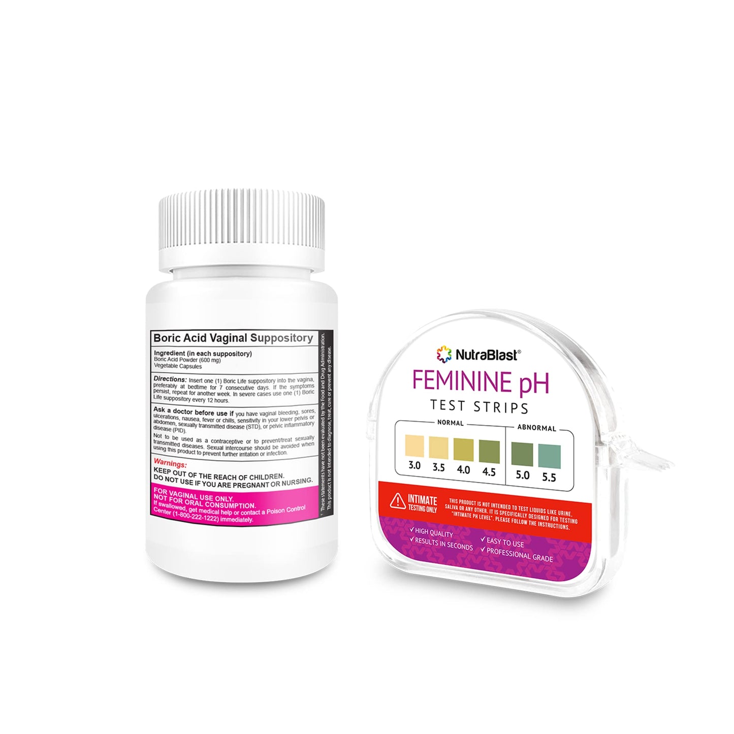 NutraBlast Boric Acid Vaginal Suppositories 600mg (30 Count) w/Feminine pH Test Strips 3.0-5.5 NutraBlastBuy Supplements Australia