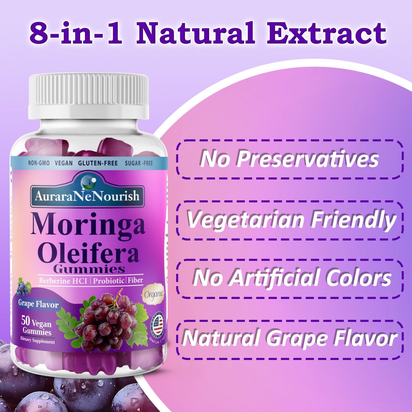 AuraraNeNourish Organic Moringa Oleifera Gummies for Women & Men, 8-in-1 Superfood Blend w. Berberine HCl & Moringa Leaf Extract for GLP-1 Support & Energy Immune Joint & Gut Health Sugar-Free AuraraNeNourishBuy Supplements Australia
