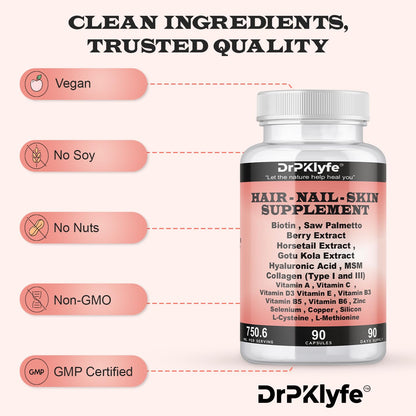 DrPKLyfe Hair, Nail and Skin Supplement Capsules:Biotin, Collagen, Collagen Peptides, Acid Hyaluronic, Biotin, Vitamin A, C, B5, B6 Saw Palmetto & More - 90 Capsules. DrPKLyfeBuy Supplements Australia
