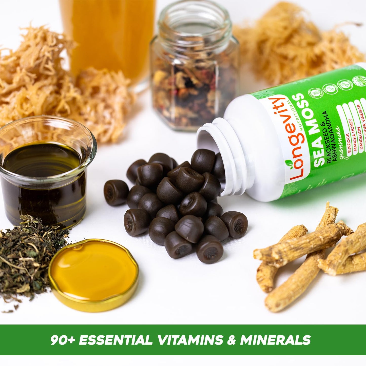 Longevity Nutritional Sea Moss, Thyroid Energy Vitamins Mineral Burdock Manuka Honey Dandelion Apple Cider Bladderwrack Ashwagandha Extract Turmeric Antioxidant Boost Immune Superfood Gummies Longevity NutritionalBuy Supplements Australia