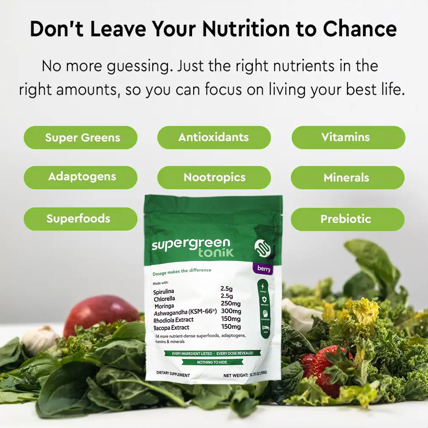 SUPERGREEN TONIK 100% Natural Greens Superfood Powder – Daily Supplement with 40 Superfoods, Vitamins and Minerals – Supports Energy, Stress and Immunity – 30 Days 360 Grams Berry Flavor (1 Bag) SUPERGREEN TONIKBuy Supplements Australia