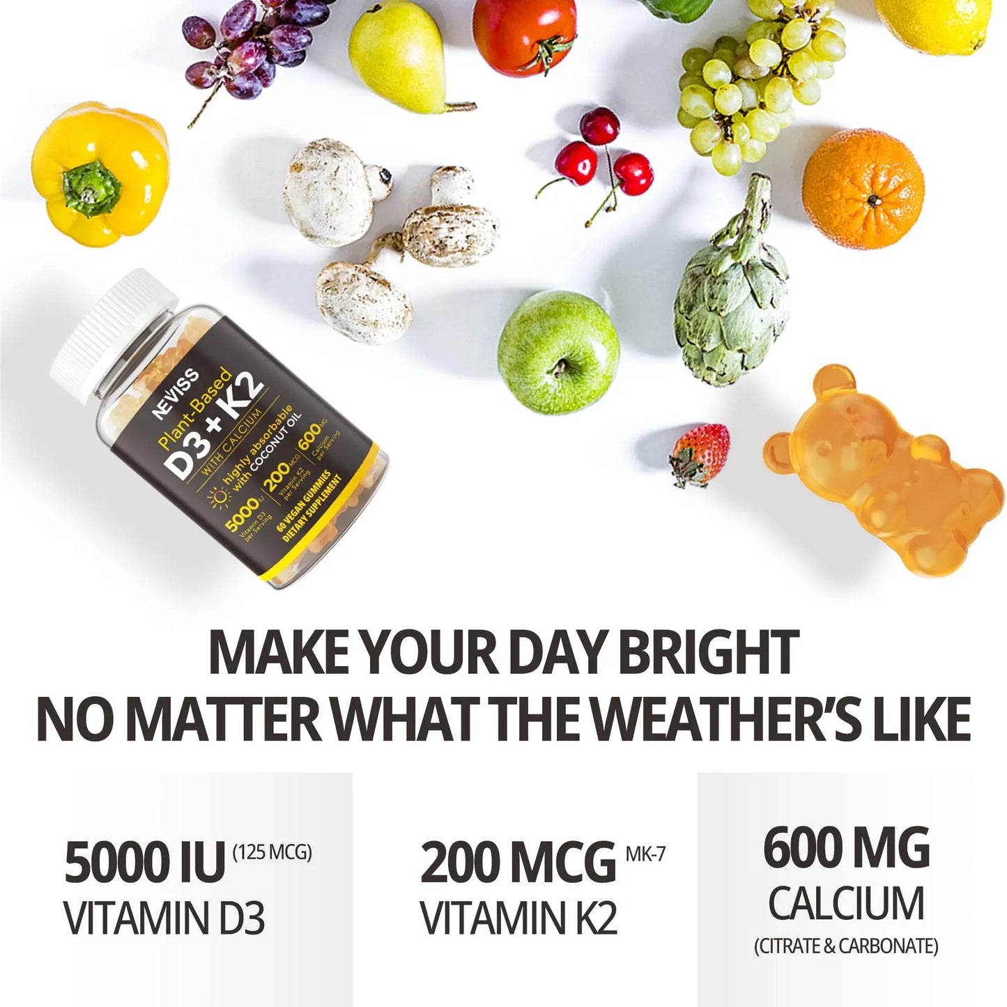 NEVISS 50+ Daily Gummy Multivitamin Algae Omega 3 & Calcium, CoQ10, Magnesium + Vitamin D3 5000IU Gummies 125mcg with Calcium 600mg, K2(MK7) 200mcg NEVISSBuy Supplements Australia