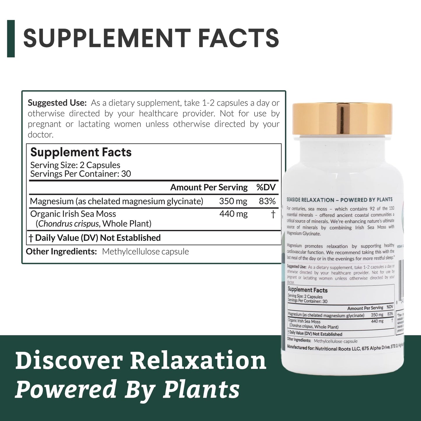 Nutritional Roots - Magnesium + Irish Sea Moss - 350mg Magnesium Glycinate & Organic Irish Sea Moss - Essential Minerals - Supports Heart & Bone Health - Dietary Supplement - 30 Servings - 60 Capsules Nutritional RootsBuy Supplements Australia