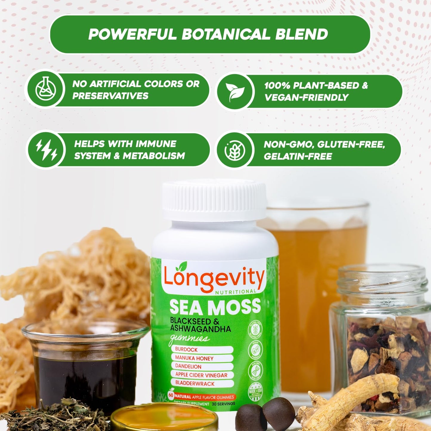 Longevity Nutritional Sea Moss, Thyroid Energy Vitamins Mineral Burdock Manuka Honey Dandelion Apple Cider Bladderwrack Ashwagandha Extract Turmeric Antioxidant Boost Immune Superfood Gummies Longevity NutritionalBuy Supplements Australia