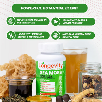 Longevity Nutritional Sea Moss, Thyroid Energy Vitamins Mineral Burdock Manuka Honey Dandelion Apple Cider Bladderwrack Ashwagandha Extract Turmeric Antioxidant Boost Immune Superfood Gummies Longevity NutritionalBuy Supplements Australia