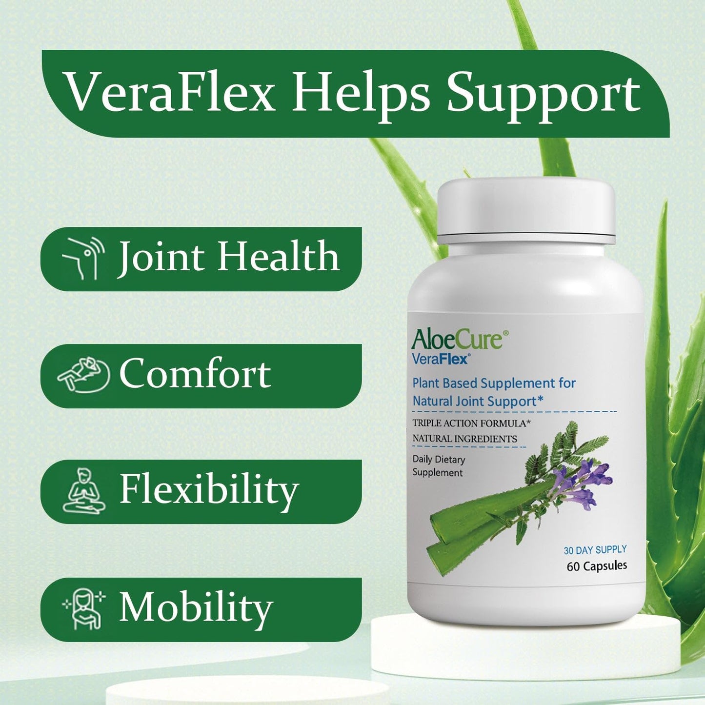 AloeCure VeraFlex Natural Joint Health, 60 Capsules, Clinically Tested Natural Plant-Based Formula to Support Comfort, Mobility and Flexibility - Featuring Organic Aloe Vera AloeCureBuy Supplements Australia