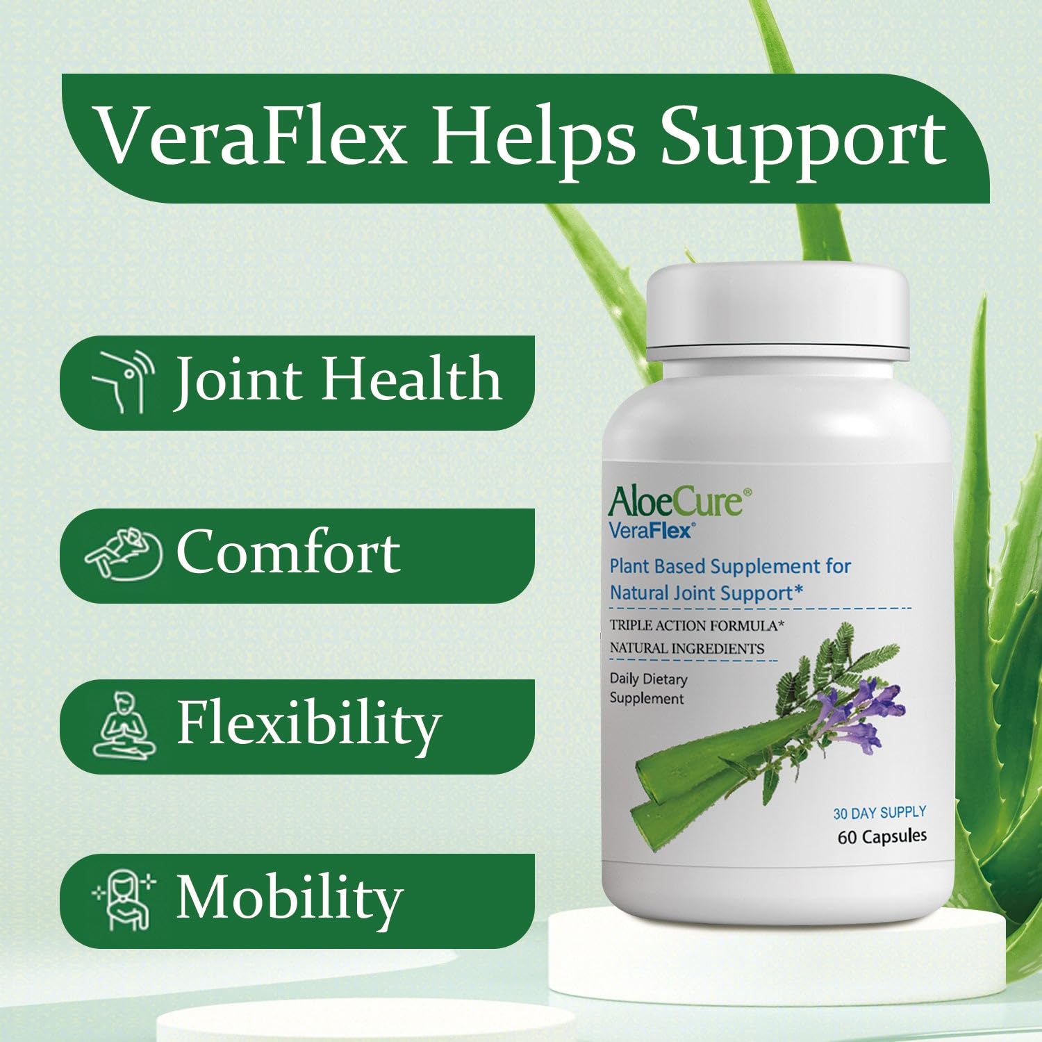 AloeCure VeraFlex Natural Joint Health, 60 Capsules, Clinically Tested Natural Plant-Based Formula to Support Comfort, Mobility and Flexibility - Featuring Organic Aloe Vera, 3-Pack AloeCureBuy Supplements Australia