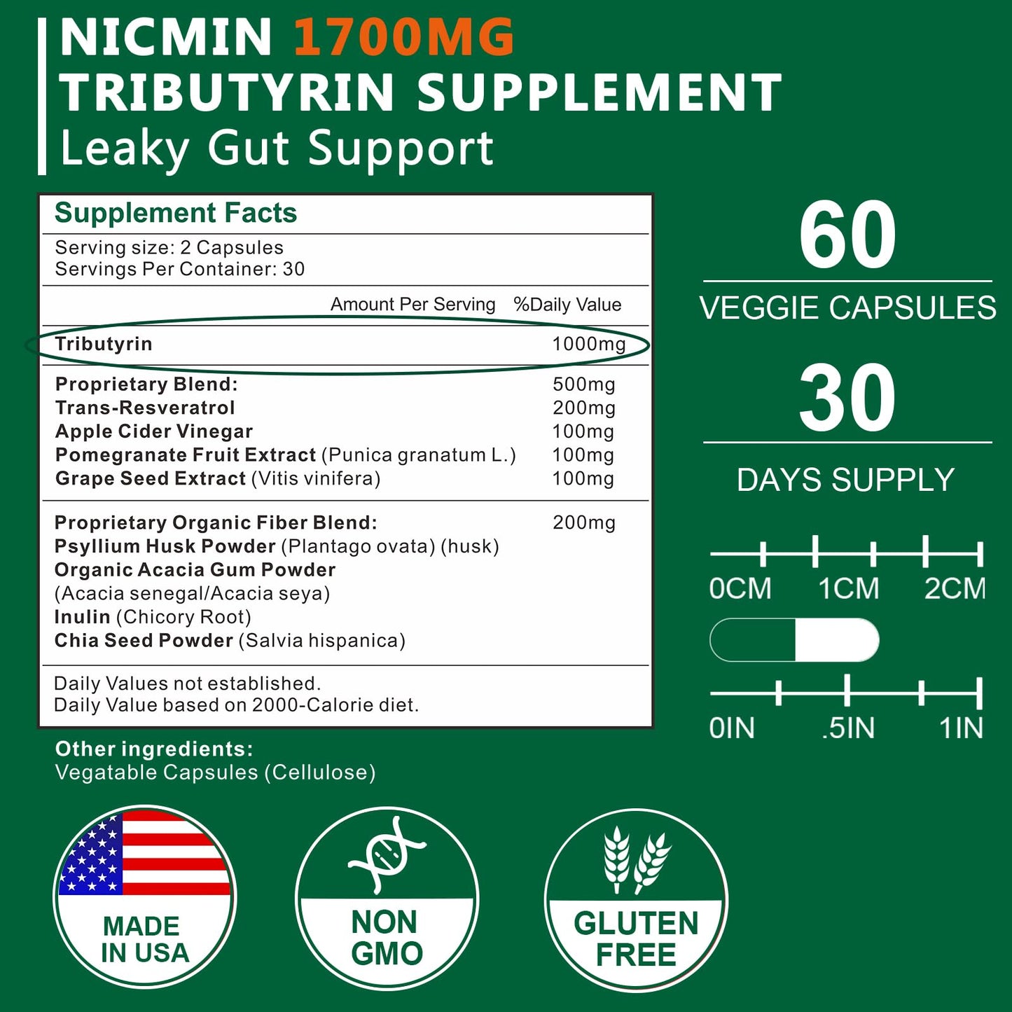 NICMIN Tributyrin Supplement - Premium Butyrate Gut Health Supplement for Leaky Gut 60 Capsules NICMINBuy Supplements Australia