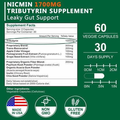 NICMIN Tributyrin Supplement - Premium Butyrate Gut Health Supplement for Leaky Gut 60 Capsules NICMINBuy Supplements Australia