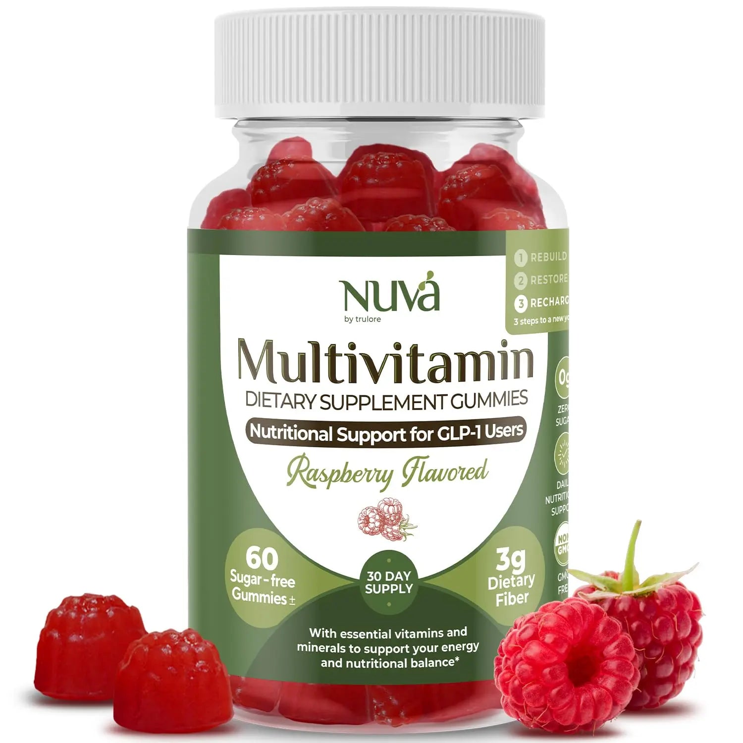 NuVa GLP-1 Support Multivitamin Gummies for Men & Women: Raspberry, Sugar-Free, 3g Fiber for Digestion & Gut Health NuVa