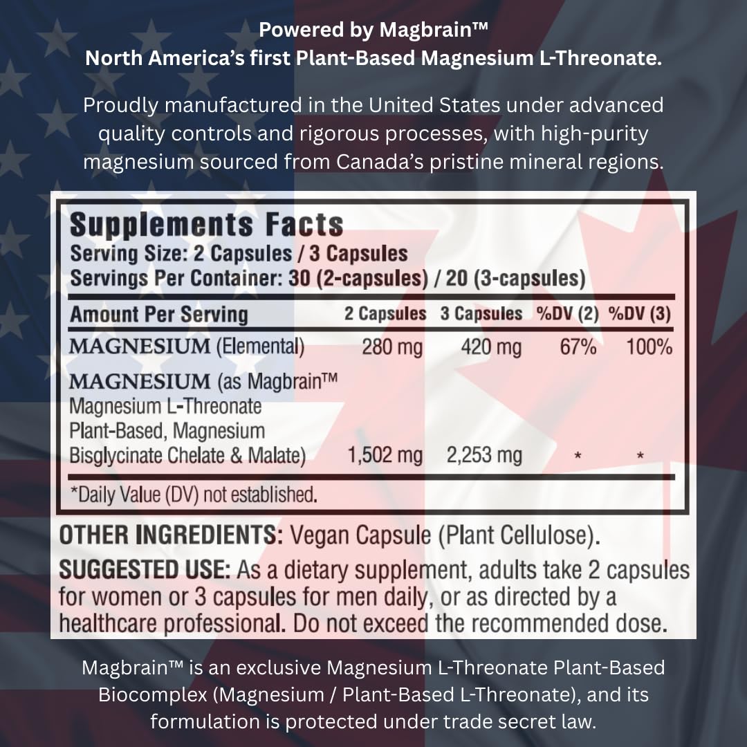 Kappa Nutrition Powered by Magbrain™ Magnesium L-Threonate Plant-Based, 60 Vegan Capsules, 420mg Elemental Magnesium (3 Capsules) from 2,253mg
