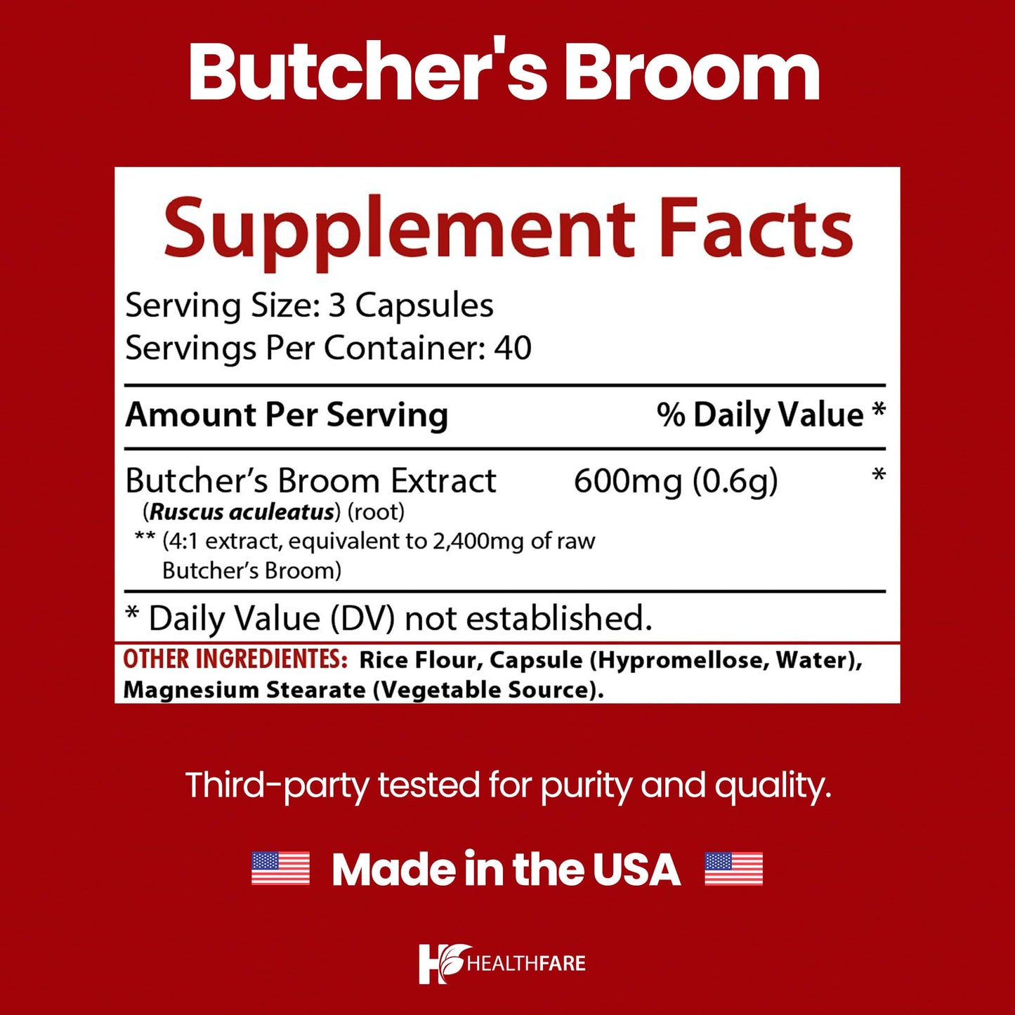 Healthfare Butchers Broom Supplement | Capsules Extract 2400mg | 120 Vegetarian Pills | Premium Herbal Root Supplement | Circulation & Vein Support | Non-GMO, Gluten-Free | Made in USA HealthfareBuy Supplements Australia