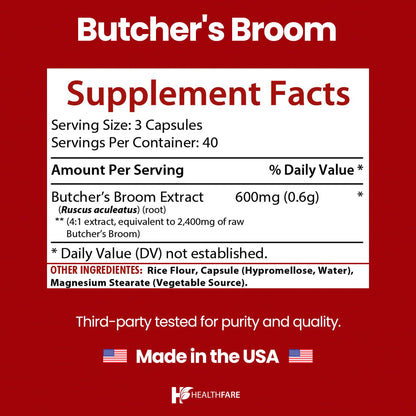 Healthfare Butchers Broom Supplement | Capsules Extract 2400mg | 120 Vegetarian Pills | Premium Herbal Root Supplement | Circulation & Vein Support | Non-GMO, Gluten-Free | Made in USA HealthfareBuy Supplements Australia