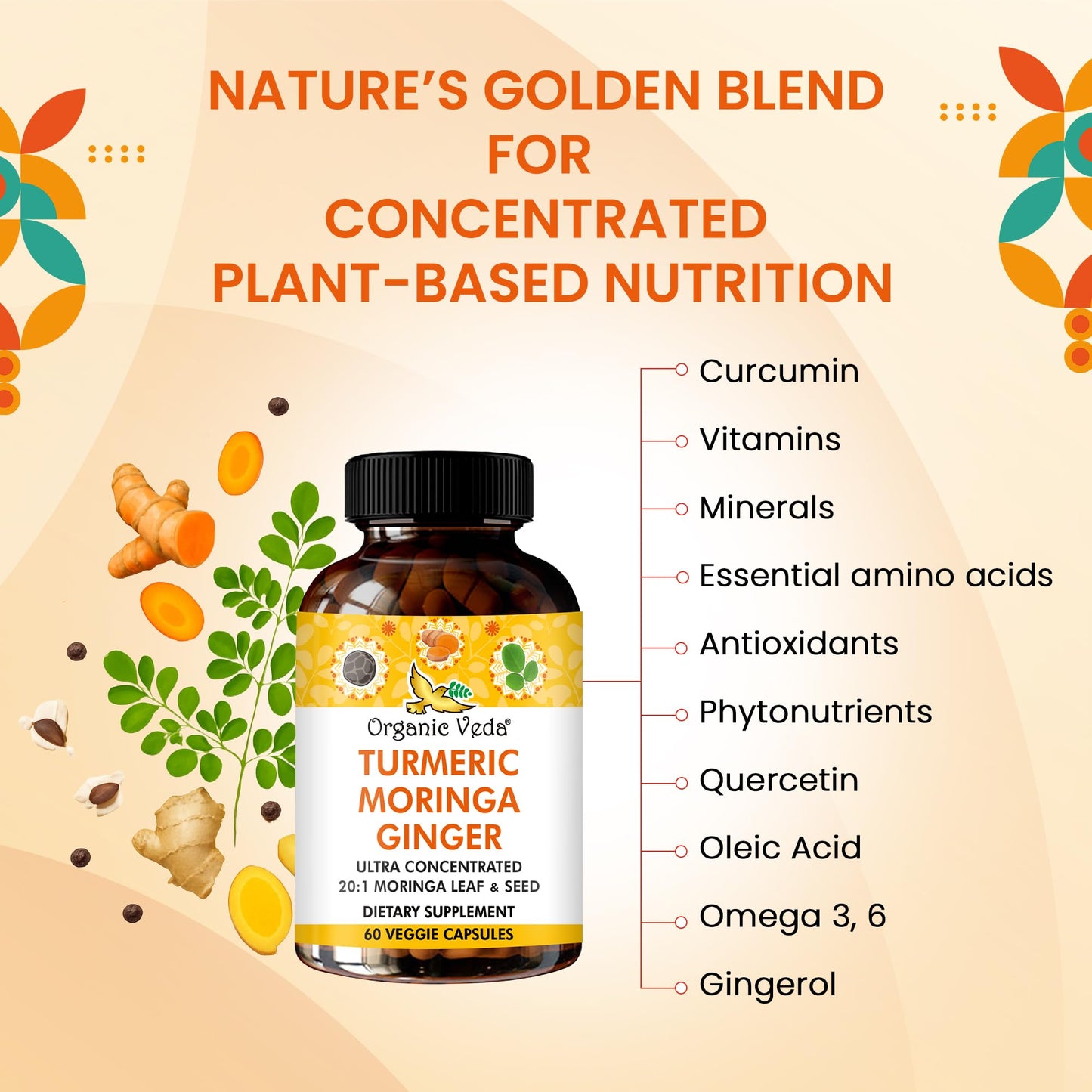 Organic Veda Turmeric Moringa Ginger Capsules - Super Antioxidants & Curcumin Supplement with 20:1 Moringa Leaf & Seed Extract, Black Pepper - Energy, Joints, Heart Health Support - 60 Vegan Pills Organic VedaBuy Supplements Australia