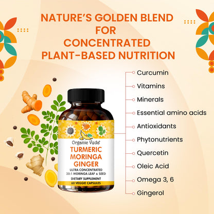 Organic Veda Turmeric Moringa Ginger Capsules - Super Antioxidants & Curcumin Supplement with 20:1 Moringa Leaf & Seed Extract, Black Pepper - Energy, Joints, Heart Health Support - 60 Vegan Pills Organic VedaBuy Supplements Australia
