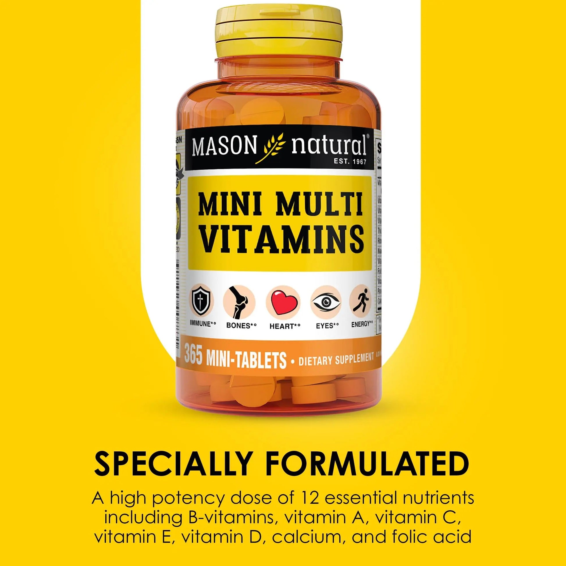 MASON NATURAL Mini Multi Vitamins, Vitamins A, C, D3, E, B1, B2, B3, B6, B12, Folate and Calcium for Overall Health, 1 Year Supply MASON NATURAL
