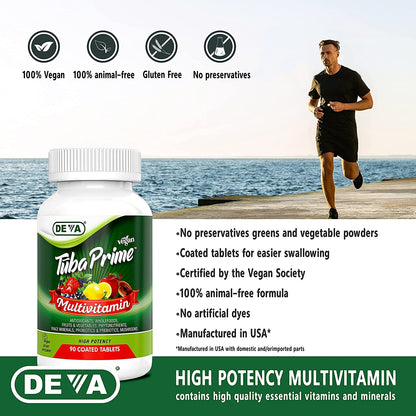 DEVA Tuba Prime Vegan Multivitamin Iron-Free High-Potency Vitamin & Mineral Dietary Supplement Antioxidants, Fruit & Veg Blend, Super Mushrooms, Probiotics, Prebiotics, Seeds, Herbs 90 Tabs 2-Pack DEVABuy Supplements Australia