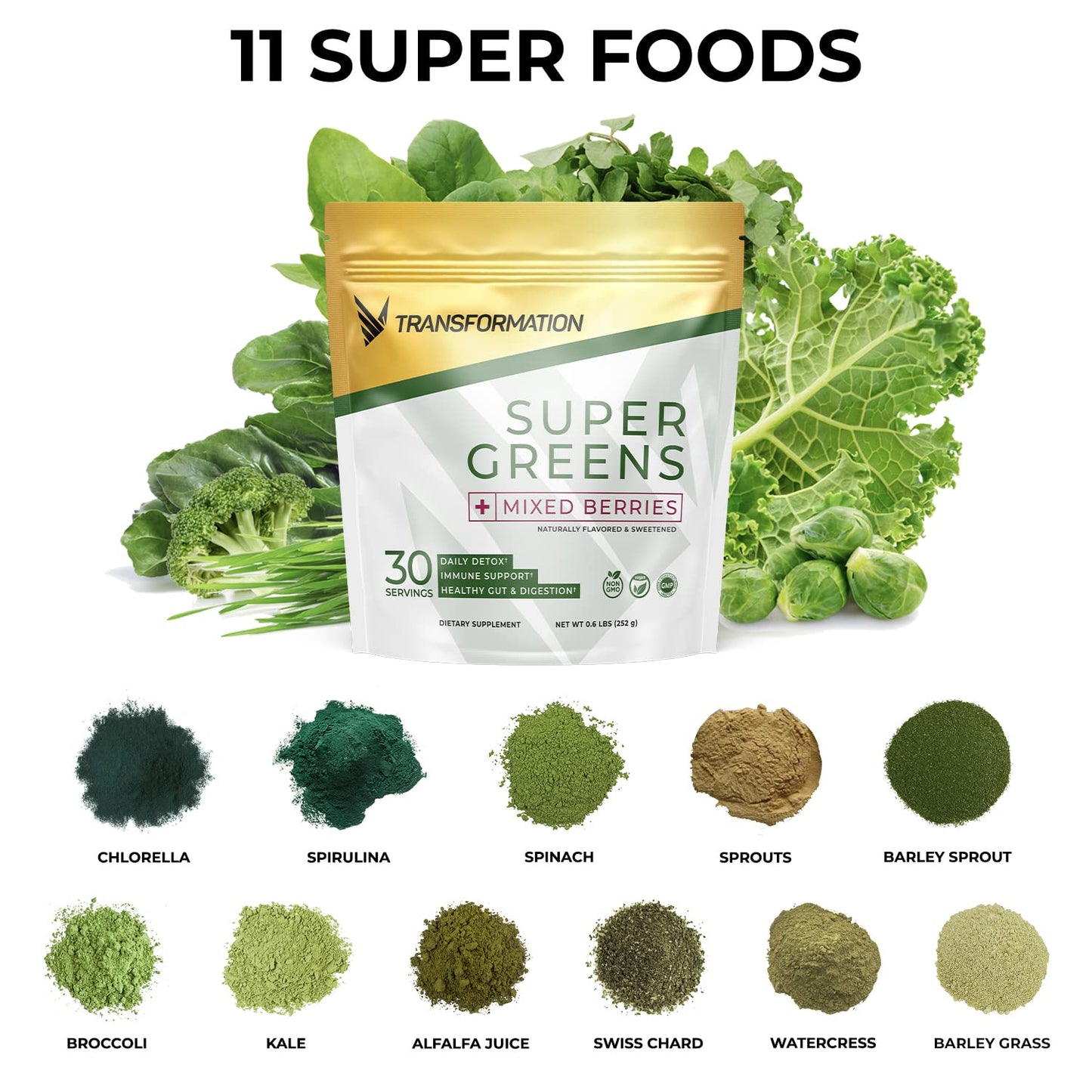 Transformation Super Greens Superfood Green Juice Powder - Immune & Energy Support | Natural Ingredients | Detoxifying & Alkalizing Minerals - Spirulina, Chlorella, Wheatgrass, Spinach, Alfalfa SPR BODYBuy Supplements Australia